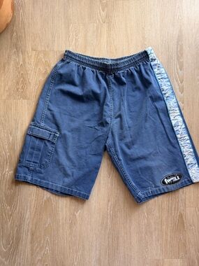 Vintage Men's Navy Blue Denim Cargo Board Shorts with Side Stripe